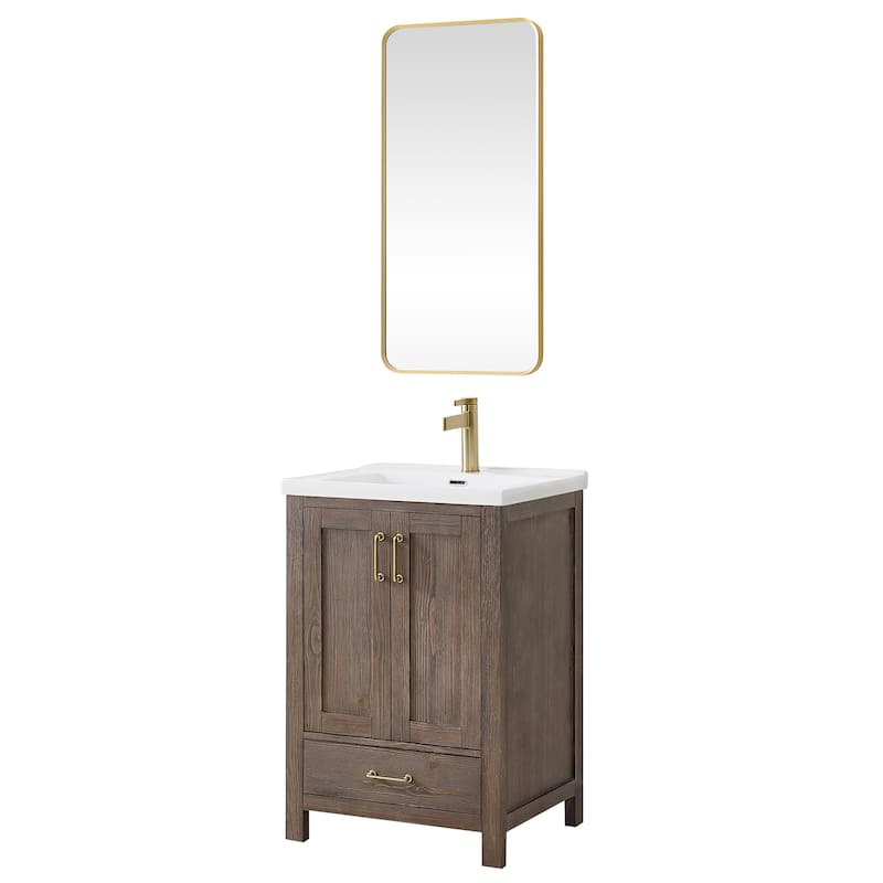 Gela Single Bath Vanity with Ceramic Basin Top and Mirror - 24in. - Spruce Vintage Brown