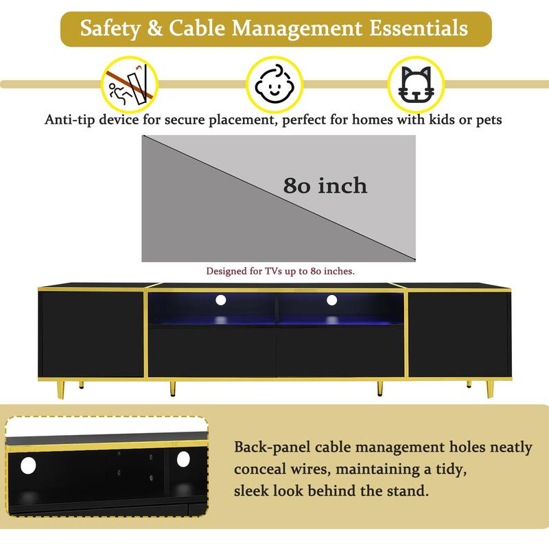 70.9'' Modern TV Stand for TVs up to 80'', Entertainment Center with LED Lights, 2 Cabinets, 2 Drawers & Metal Legs