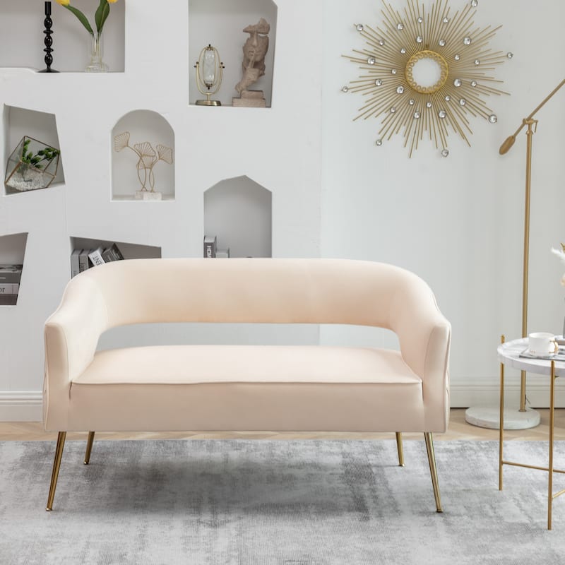 SEYNAR Modern 51'' Velvet Tufted Loveseat Open Back with Golden Metal Legs - Beige