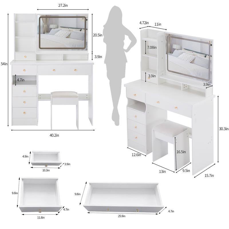 Vanity Dresser with Mirror and Stool Set Storage Drawers Luxury Furniture