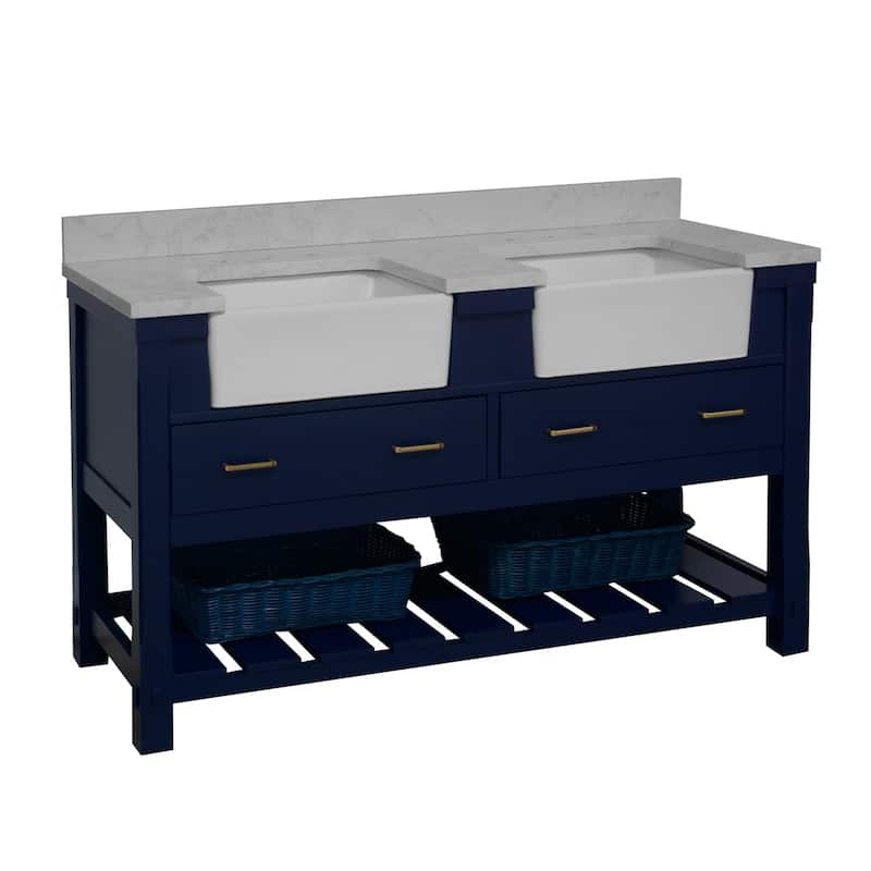 KitchenBathCollection Charlotte 60" Double Farmhouse Bathroom Vanity with Engineered Carrara Top - Royal Blue