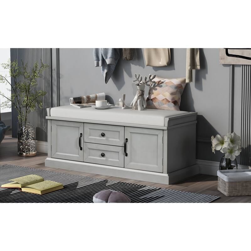 Storage Bench with 2 Drawers and 2 Cabinets, Shoe Bench with Removable Cushion for Living Room - Grey