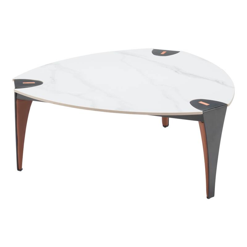 HomeRoots 36" White and Black Sintered Stone Faux Leather And Steel Triangle Coffee Table - 36' X '15.2' X '36