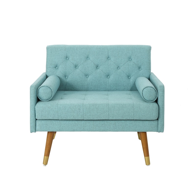 Modern 38.25" Upholstered Button Tufted Club Chair with Bolster Pillows and Rubber Wood Legs