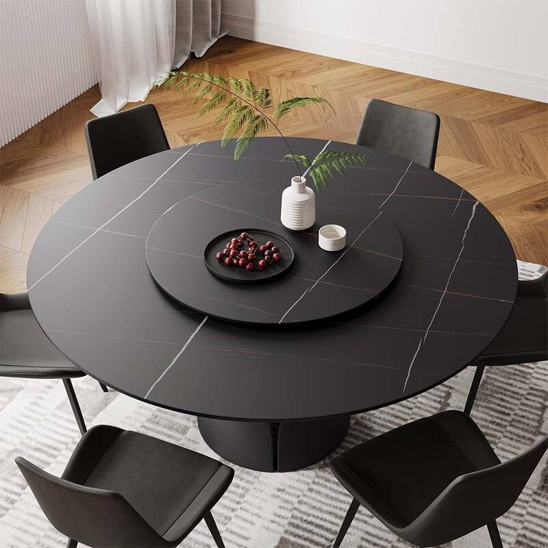 Modern Round White Dining Table，Sintered Stone Tabletop, Solid Black Carbon Steel Base