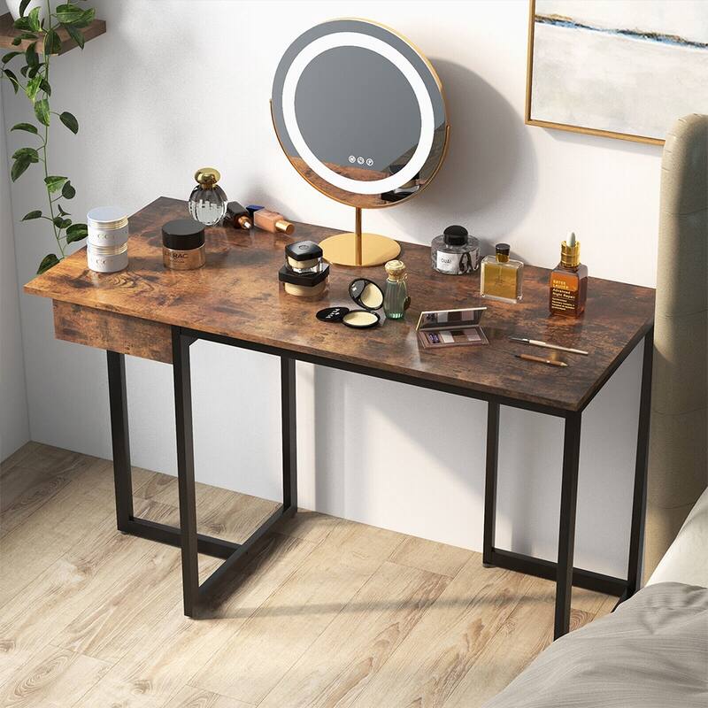 Computer Home Office Desk Workstation Metal Frame W/ Drawer Rustic - 10' x 14' - Brown