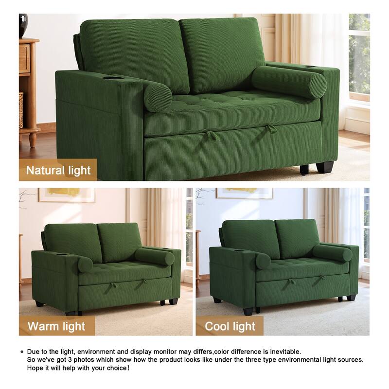 Corduroy Convertible Loveseat Sofa Bed Recliner with Cup Holder, USB Ports & Storage