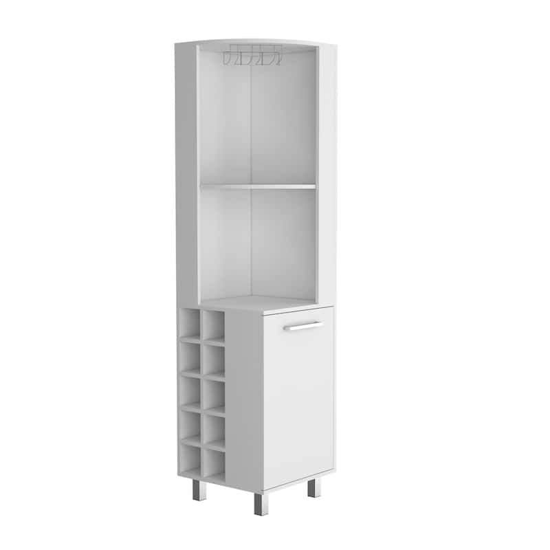 Corner Bar Cabinet With Four Shelves,Ten Wine Bottle Cubbies And Stemware,White