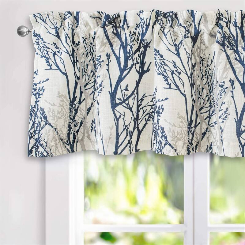 DriftAway Tree Branch Linen Blend Abstract Ink Printing Lined Window Curtain Valance - 52" width x 18 " length - Blue