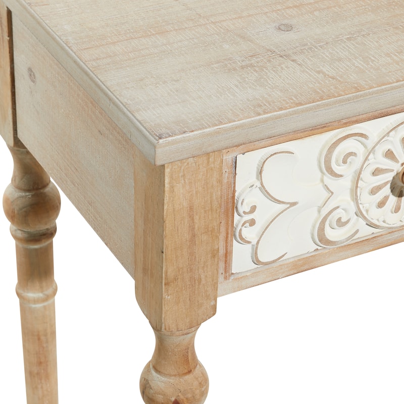 Wood Floral Intricately Carved 2 Drawer Console Table - Brown - Roche River Decor - 16"W x 36"L x 33"H