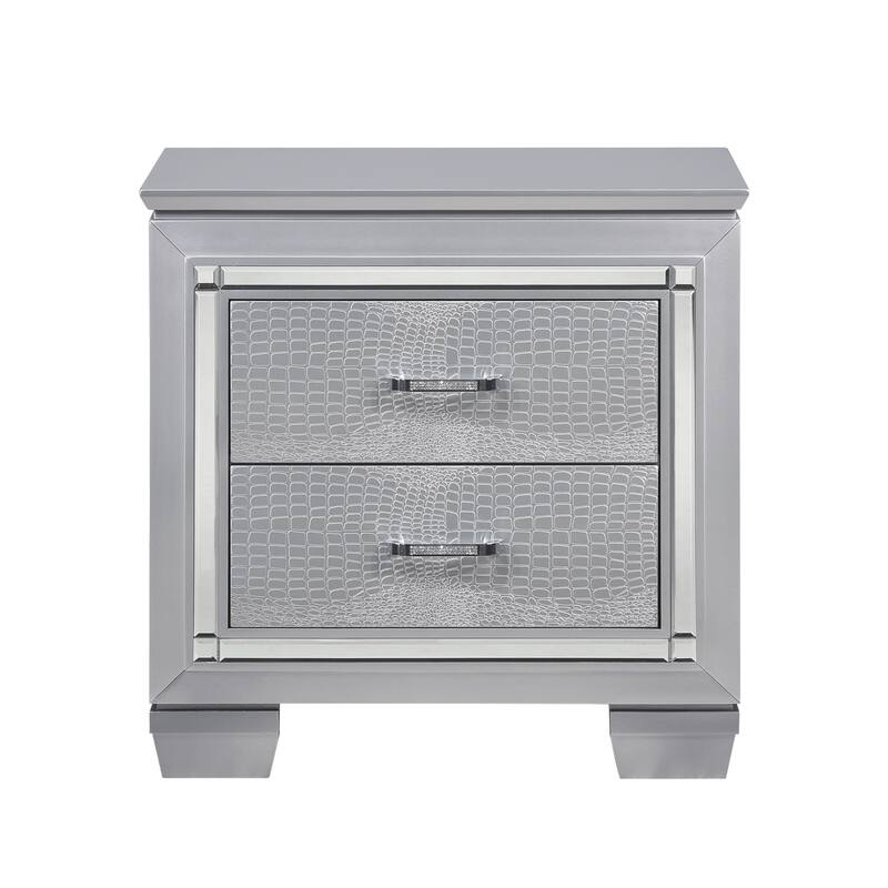 Glamorous Silver Nightstand, 2 Dovetail Drawers, Faux Alligator Embossed Front