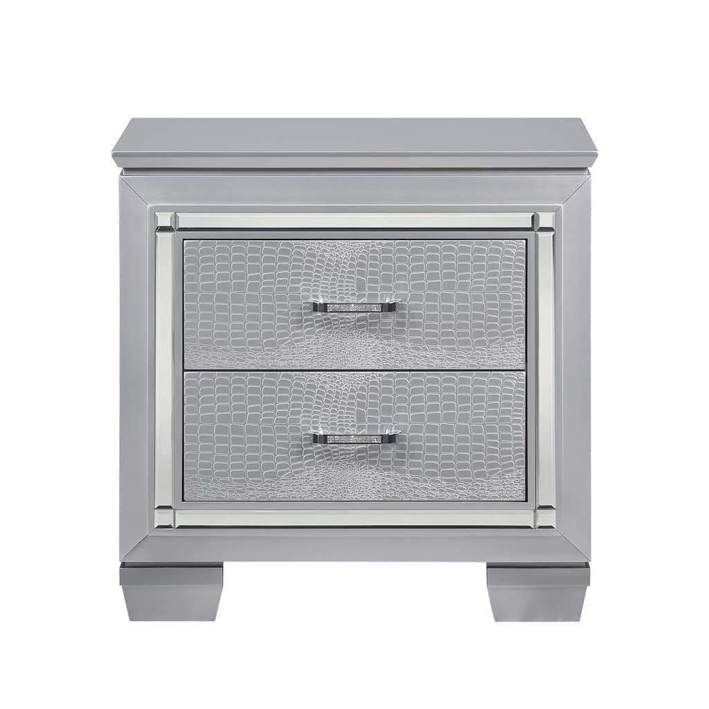 Glamorous Silver Nightstand, 2 Dovetail Drawers, Faux Alligator Embossed Front