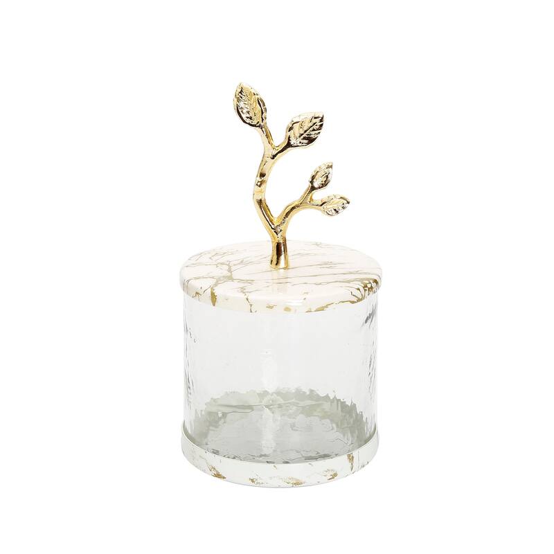 Glass Canister with White/Gold Marble Lid and Leaf Handle - Small