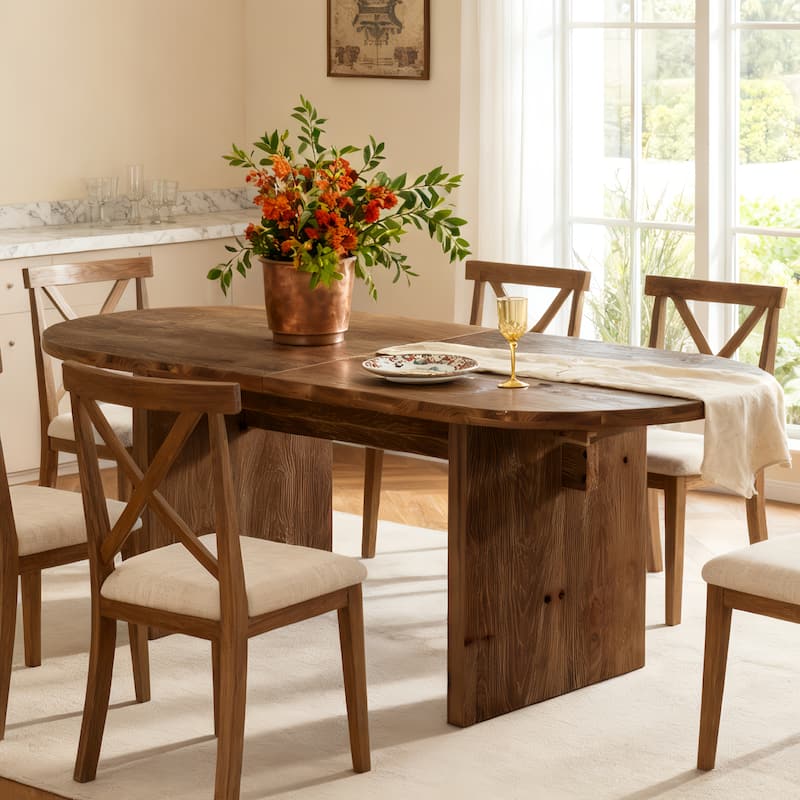 63-Inch Solid Wood Farmhouse Oval Dining Table for 4-6 - N/A