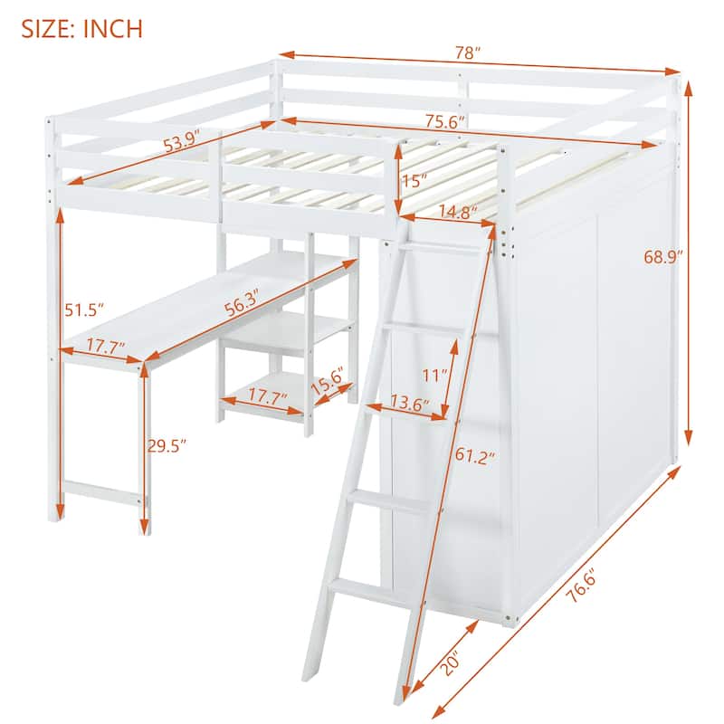 Loft Bed with Wardrobe and Desk and Shelves
