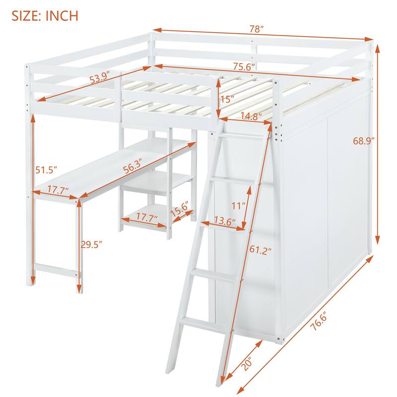Twin/Full Size Wood Loft Bed with Built-in Desk, Wardrobe and Ladder