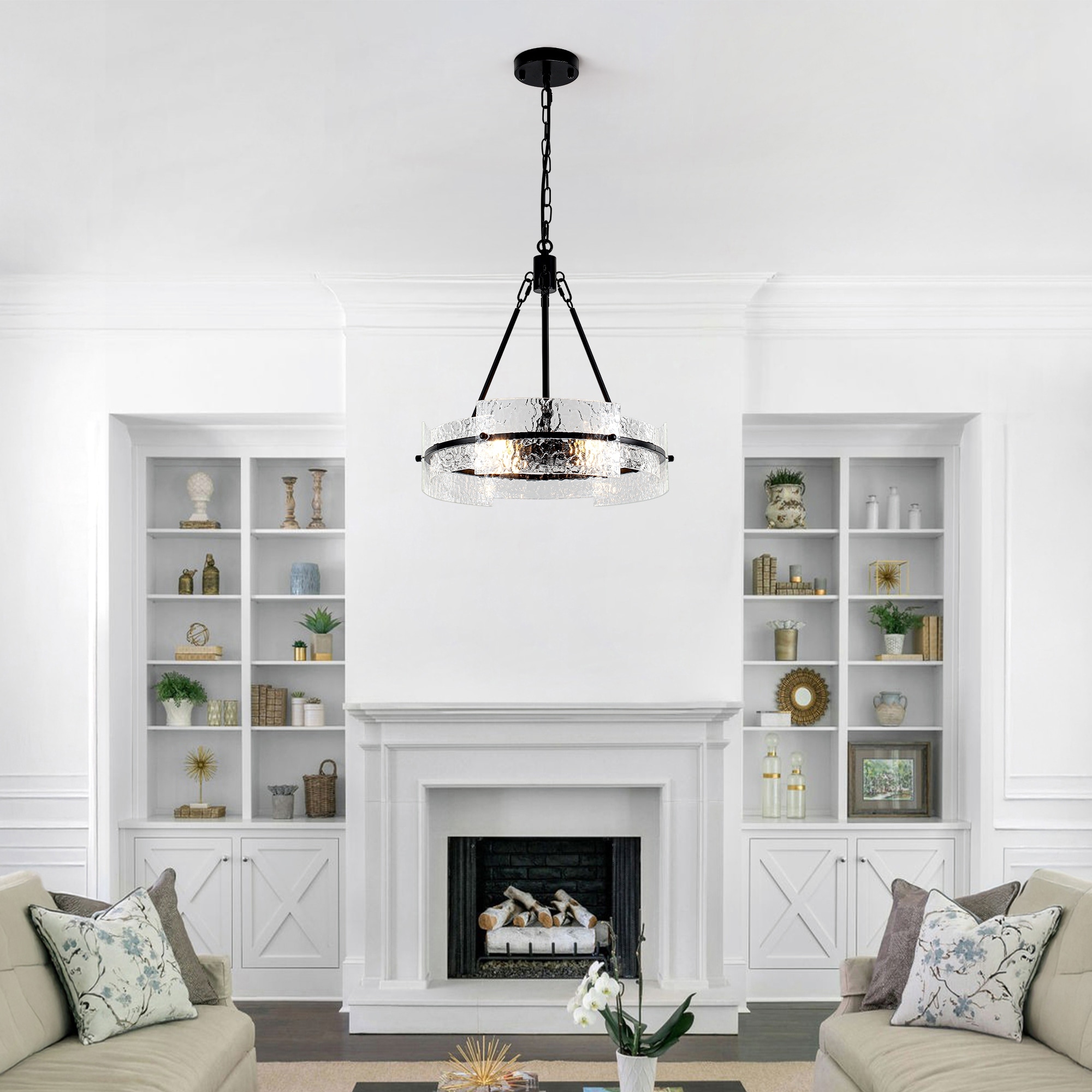 16.5" Modern 4-Light Glass Drum Chandelier, Farmhouse Pendant Lights Kitchen Island Round Hanging Lighting