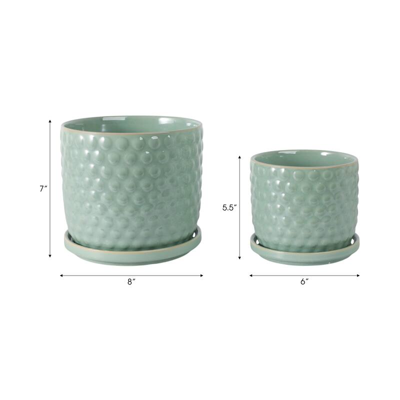 Ceramic Planters with Textured Bubble Surface and Saucers (Set of 2) - 8" x 8" x 7"