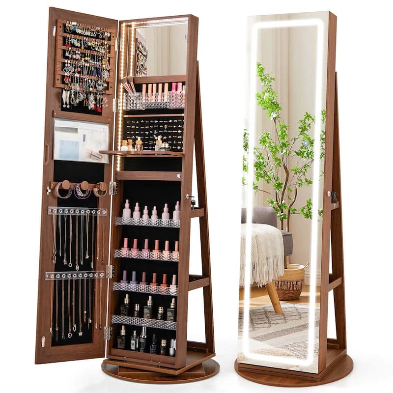 Costway 360° Swivel Jewelry Cabinet Organizer 3-Color LED Mirror with - See Details - Brown