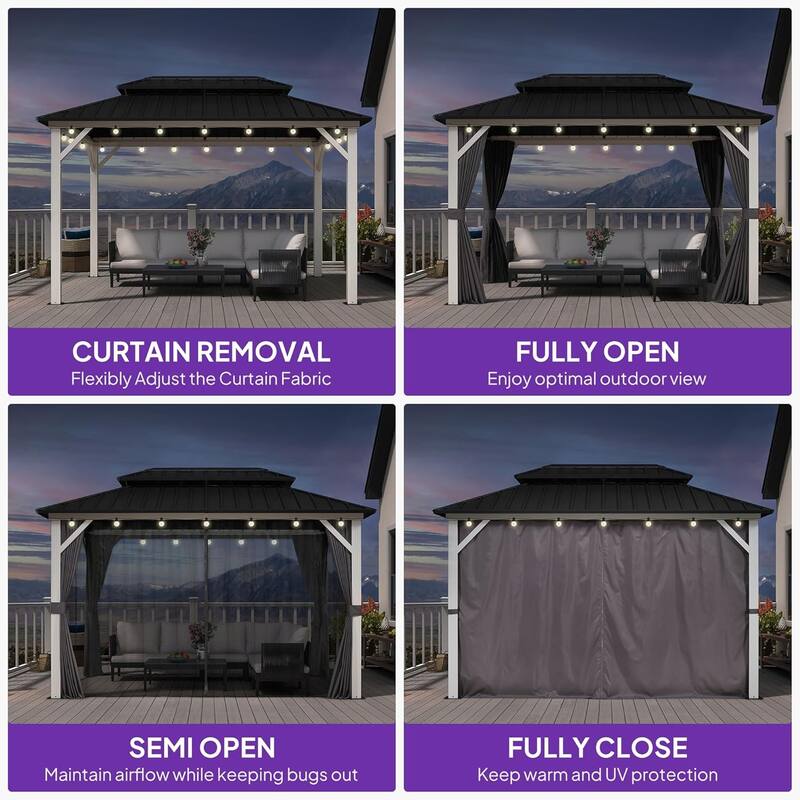 PURPLE LEAF Patio Hardtop Gazebo for Outdoor Grey Galvanized Steel Double Roof White Aluminum Poles