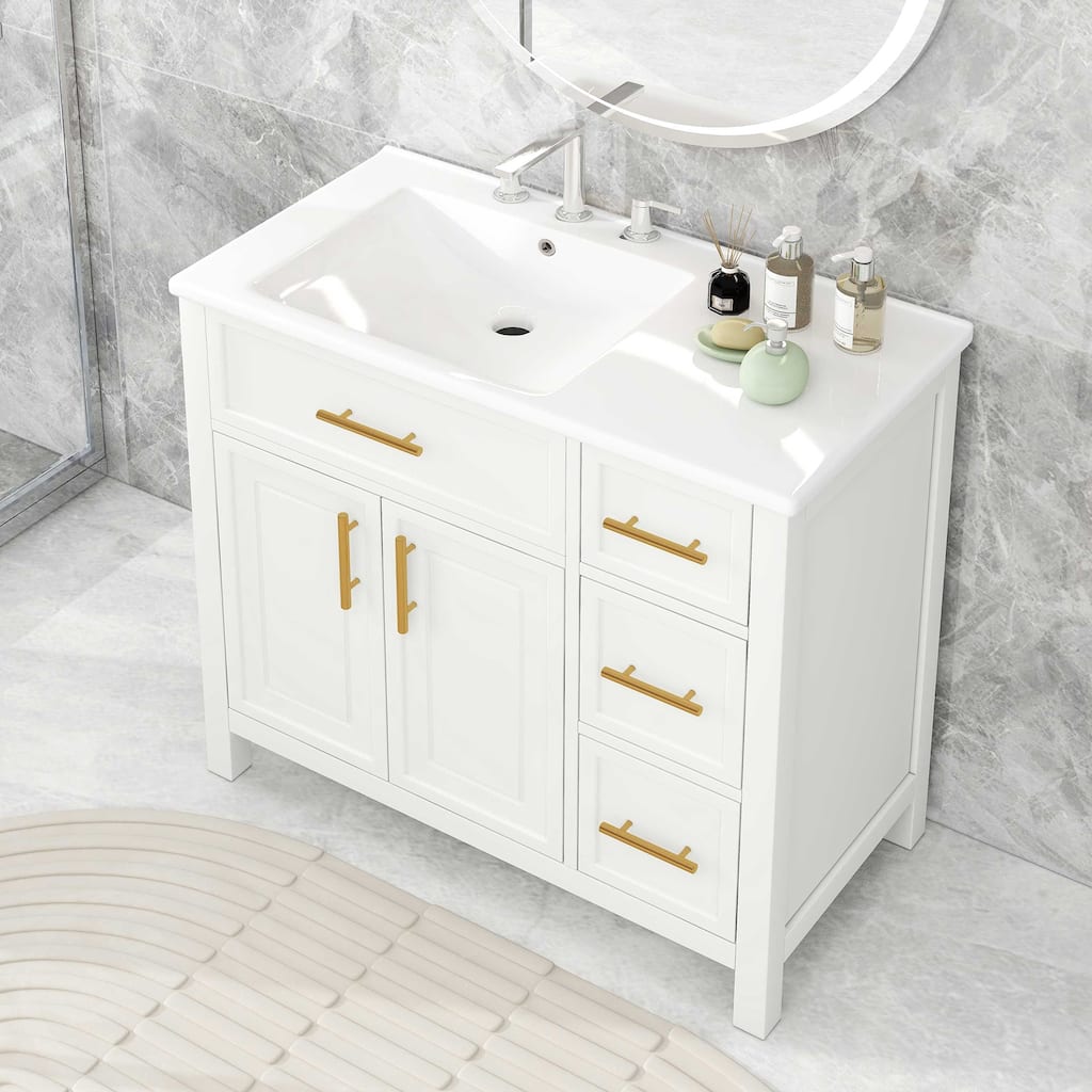36" Bathroom Vanity with Sink Top, Bathroom Vanity Cabinet with 2 Doors and 3 Drawers, Solid Wood and MDF Board