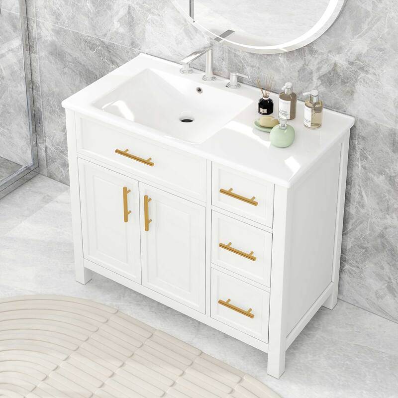 Contemporary 36" Bathroom Vanity with Sink Top,Cabinet with Two Doors and Three Drawers - White