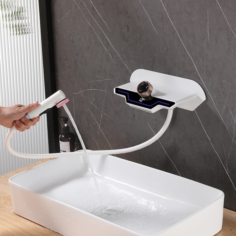 Wall-mounted Brass LED Digital Display Bathroom Faucets With Handheld Shower