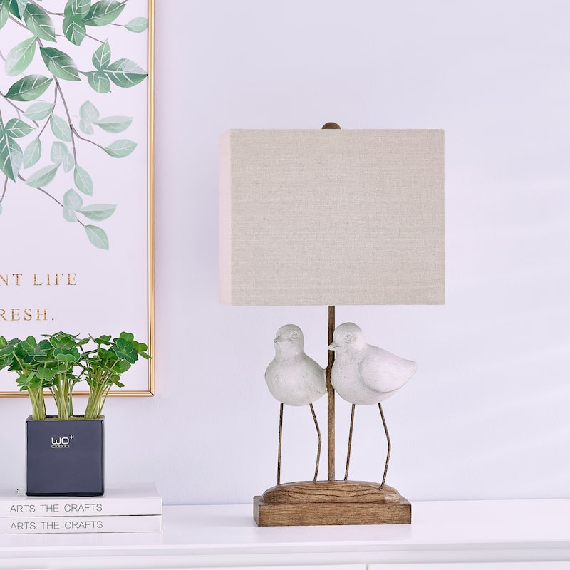 20"H White and Brown Resin Birds Table Lamp With Shade - 11" x 7" x 20"