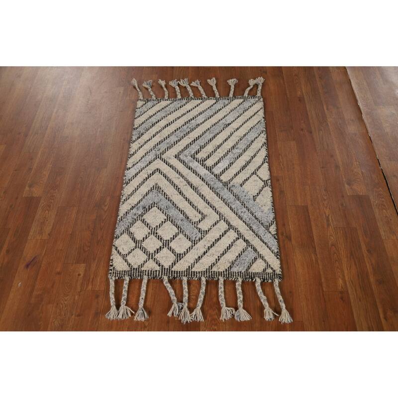 Geometric Moroccan Indian Rug Hand-Knotted Wool Carpet - 2'0"x 3'0"