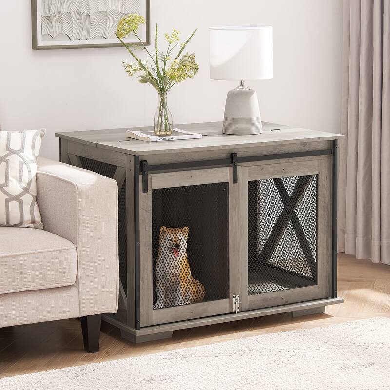 Dog Cage Crate Furniture with Sliding Barn Door，Dog Kennel End Table with Flip-top Plate Dog House with Detachable Divider