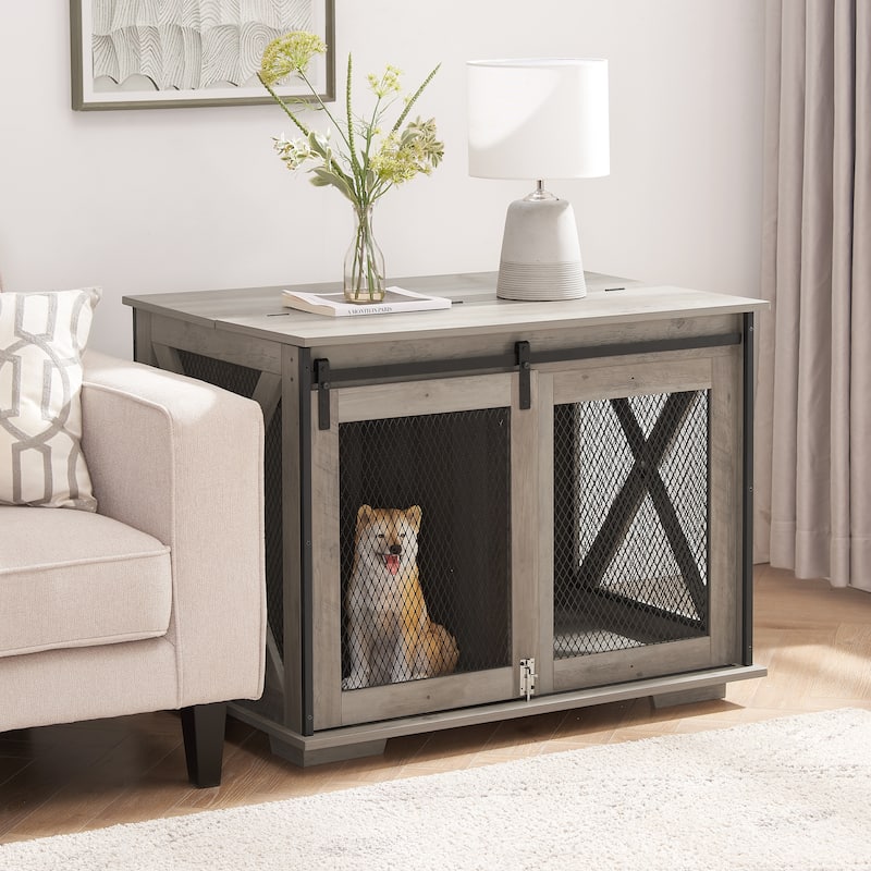Farmhouse Dog Cage Crate with Sliding Door & Flip-top Plate