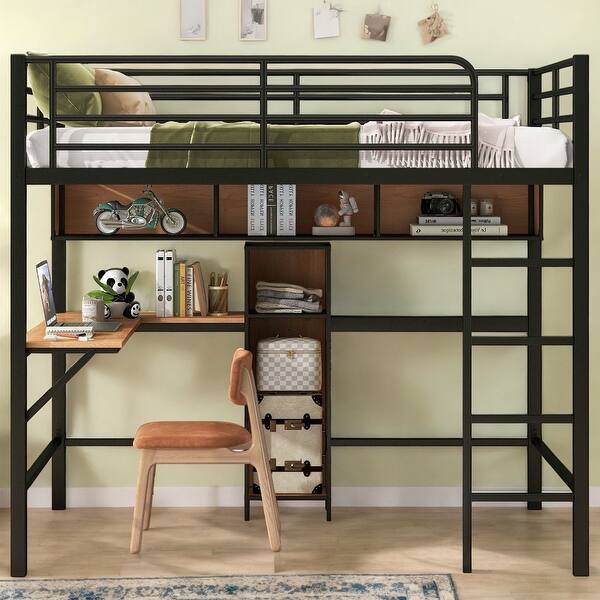 slide 2 of 11, Multi -functional Full Size Metal and Wood Loft Bed with L-Shaped Desk, Shelves & Guardrails, Safety Guaranteed, Black+Brown