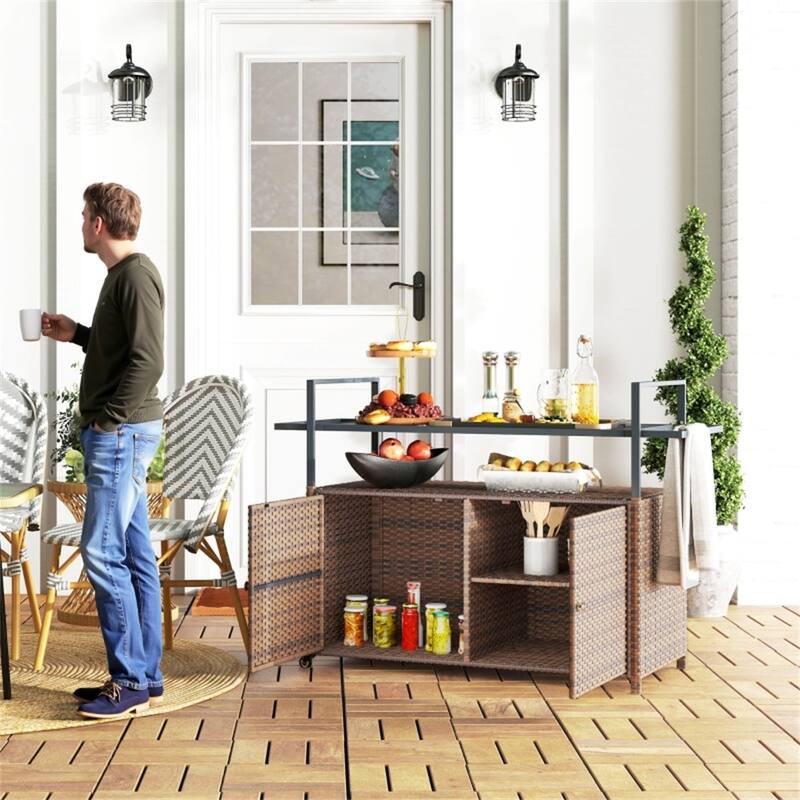 Outdoor Bar Cart PE Rattan Steel Tempered Glass Rolling Beverage Serving Cart with Storage - 51.25" W x 19.75" D x 35.5" H