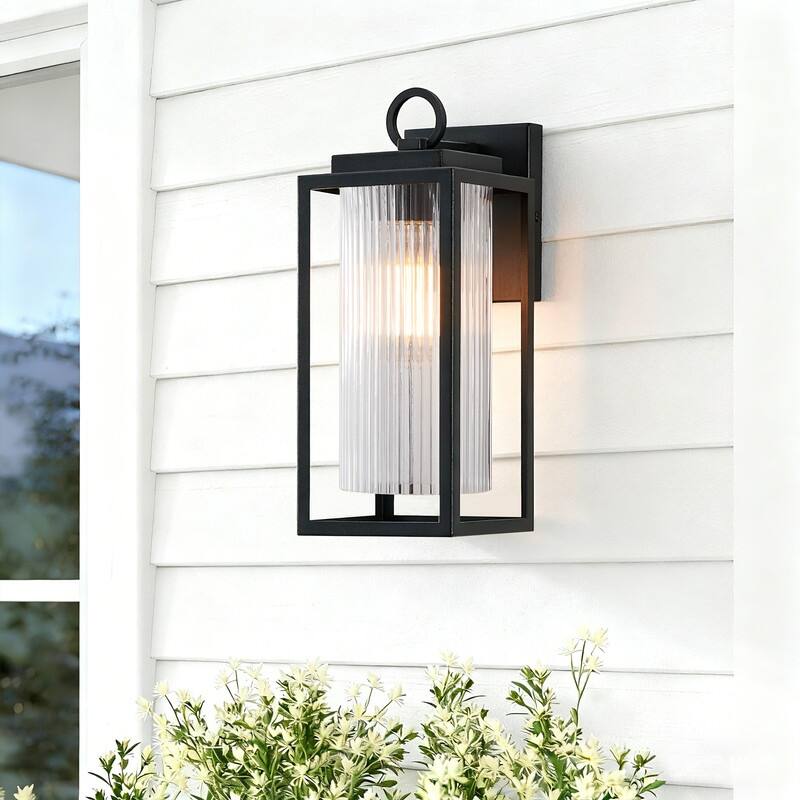 KAWOTI 1-Light Outdoor Wall Sconce with Cylindrical Ribbed Glass - W5.5" x D7" x H14"