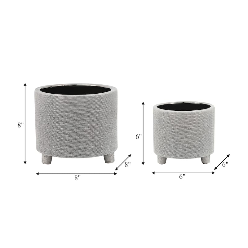 Footed Scratched Planter Pots Set of 2 - Silver, 6/8 in.