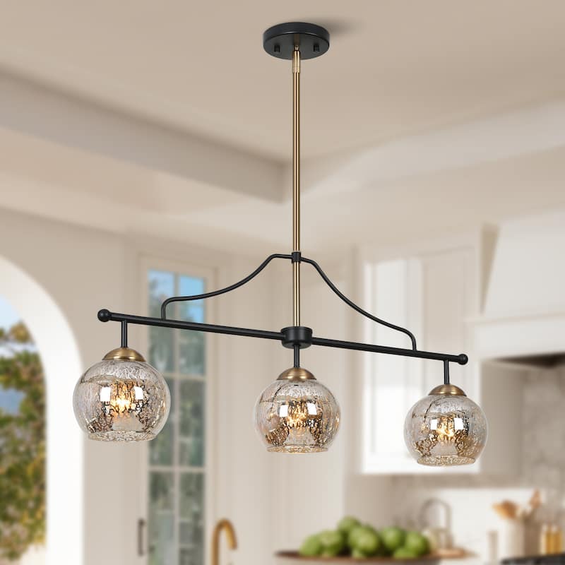 Modern Glam 3/6-Light Black Gold Linear Chandelier Kitchen Island Pendant Lights with Mercury Glass - 3-Light