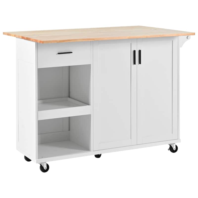 Roomfitters Kitchen Island with Foldable Counter Top, Kitchen Storage Cart with Slide-Out Shelf, Towel Rack and Drawer