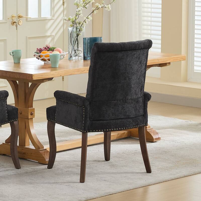 Upholstered Chenille Dining Chairs, Tufted Accent Armchairs with Curved Solid Wood Legs, Dining Room Arm Chair
