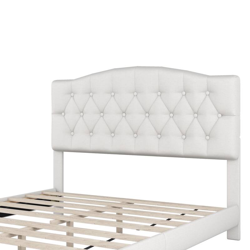 Beige Upholstered Low Profile Platform Bed Frame Saddle Curved Headboard Wingback Bed with Diamond Tufted Details Panel Bed