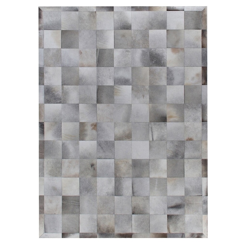 Exquisite Rugs Stitched Blocks Silver Leather Hair-on Hide Rug (11'6 x 14'6). - 11'6 x 14'6