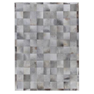 Exquisite Rugs Stitched Blocks Grey Hair-on-Hide Leather Rug (9'6 x 13 ...