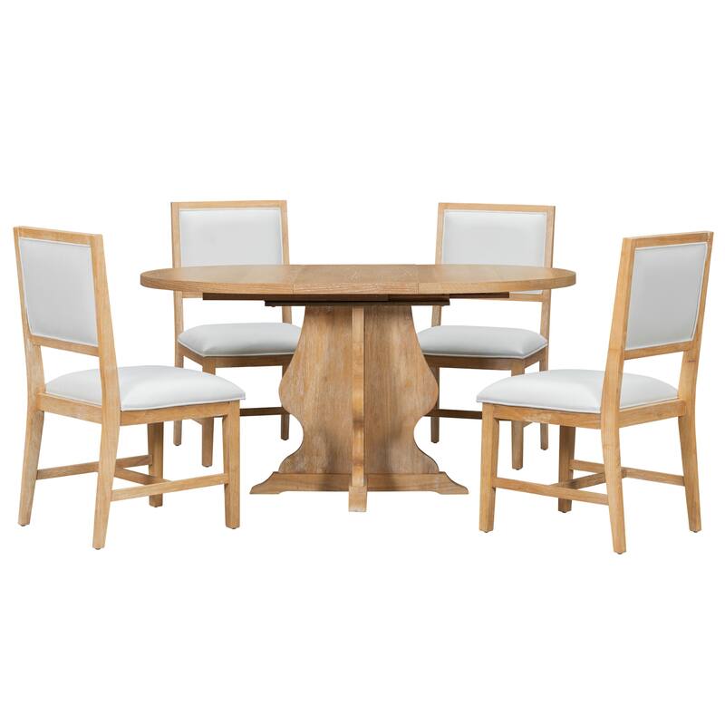5-Piece Dining Table Set Extension from 42.5 to 58.2-Inches with 4 Upholstered Chairs, Wood Kitchen Dining Table & Chair Set