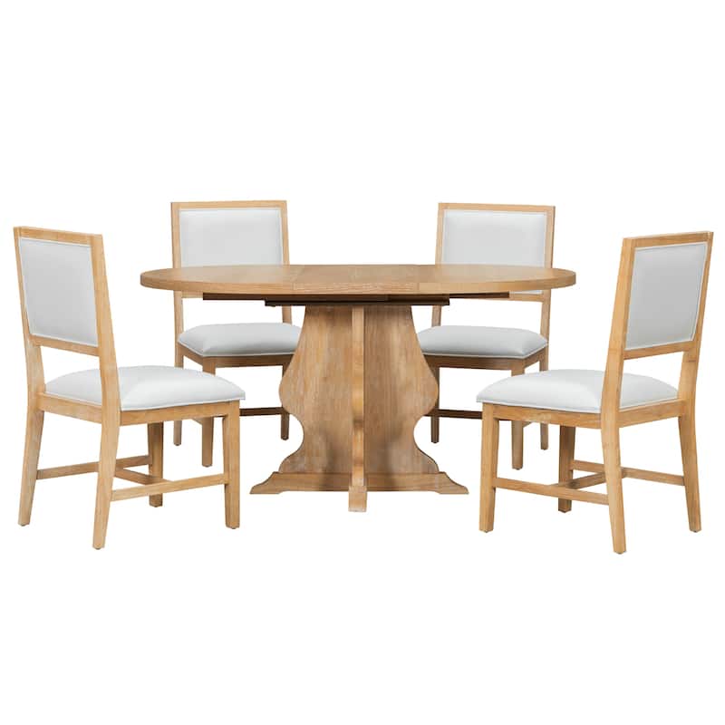 Roomfitters Farmhouse Extendable Dining Table, 4 Upholstered Chairs, 5-Piece Kitchen Furniture