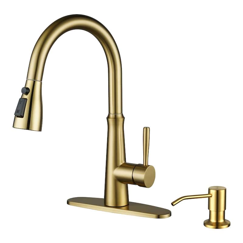 WOWOW Single Handle 3-Mode Pull Out Sprayer Kitchen Faucet - With Soap Dispenser - Brushed Gold