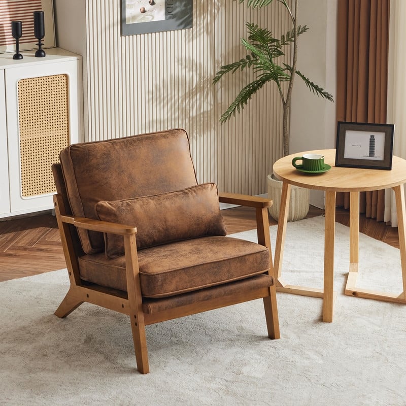 Upholstered Linen Blend Accent Chair with Wooden Legs and One Pillow Beige