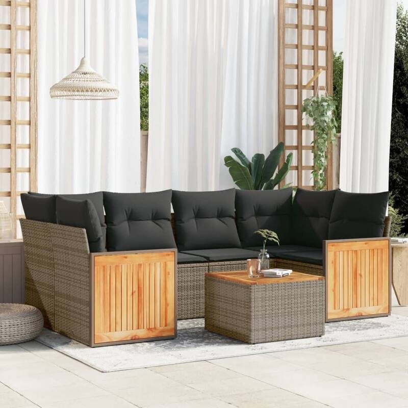 vidaXL Patio Sofa Set with Cushions Outdoor Furniture 7 Piece Poly Rattan - Grey - 21.7 x 21.7 x 14.6
