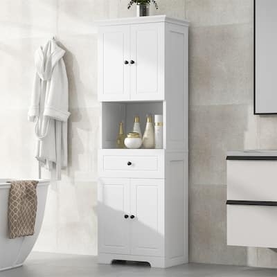 Tall Bathroom Storage Cabinet with 4 Doors and Open Shelf, Freestanding Bathroom Floor Cabinet w/ 1 Drawer & Adjustable Shelves