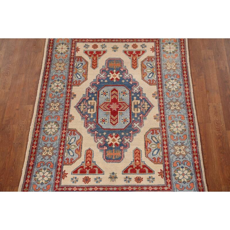 Ivory Geometric Kazak Oriental Accent Rug Handmade Wool Carpet - 3'5"x 4'11"