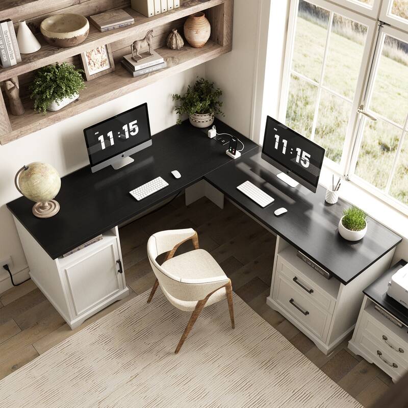 French Country L Shaped Desk with Charging Station, Office Computer Table with File Cabinet