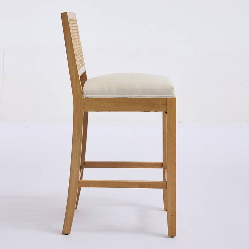 Linen Upholstered Full Solid Wood Bar Stools Set of 2, Bar Stool with Rattan Back, Breakfast Bar Chairs with Footstool